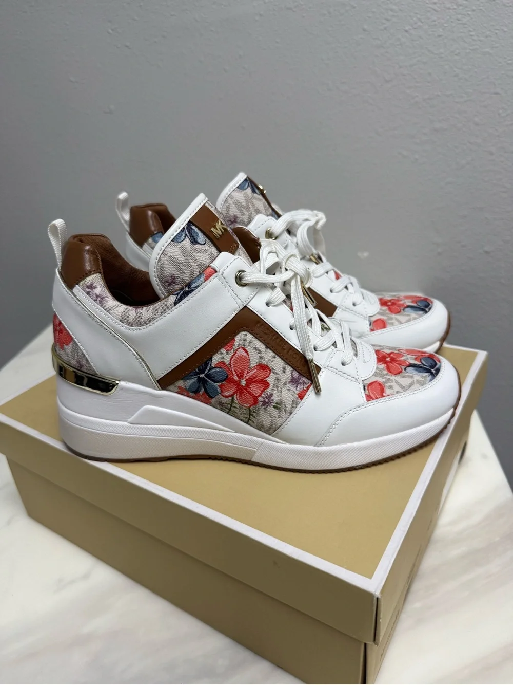 Michael Kors Georgie Trainer White Floral Wedge Sneakers with Brown Accents